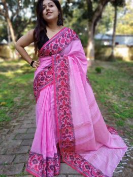 Pink Plain Body Cotton Saree From Bengal