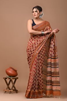 Tan Pure Handloom Linen Cotton Saree From Bihar