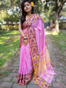 Pink Orange Plain Body Cotton Saree From Bengal