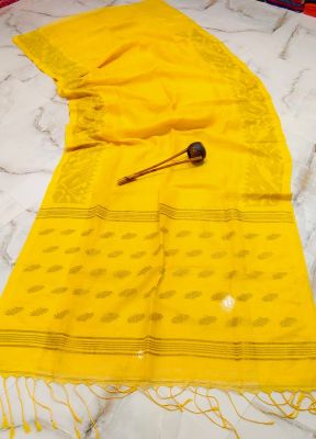 Yellow Pure Handloom Linen By Linen Saree From Bengal