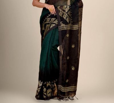 Green Black Pure Handloom Linen By Linen Saree From Bengal