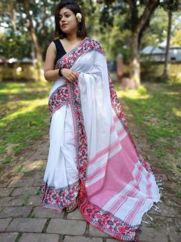 White Plain Body Cotton Saree From Bengal