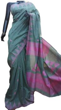 Olive Green Silk Jamdani Temple Motif Designer Saree
