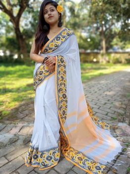 White Black Yellow Plain Body Cotton Saree From Bengal