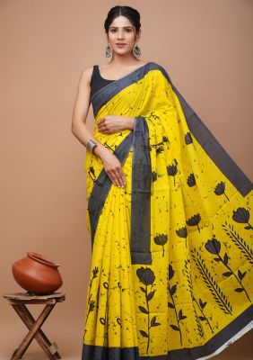 Mustard Yellow Pure Handloom Mulmul Saree From Bengal