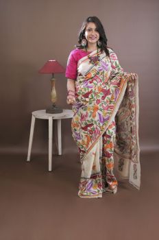 Cream Pure Handloom Katha Stitch Saree From Bengal