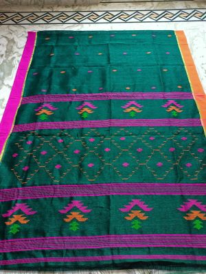 Green Pure Handloom Linen By Linen Saree From Bengal