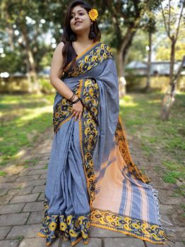 Grey Plain Body Cotton Saree From Bengal