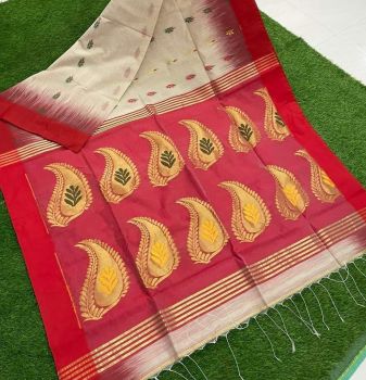 Cream And Red Jamdani Cotton Silk Saree From Bengal