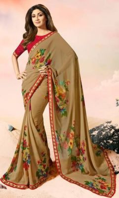 Brown Pure Handloom Georgette Saree From Banaras