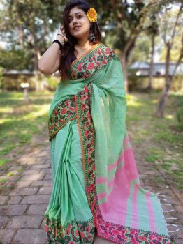 Sea Green Plain Body Cotton Saree From Bengal