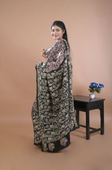 Black Pink Pure Handloom Katha Stitch Saree From Bengal