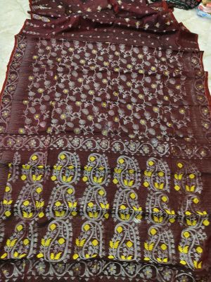 Brown Pure Handloom Dhakai Jamdani Saree From Bengal