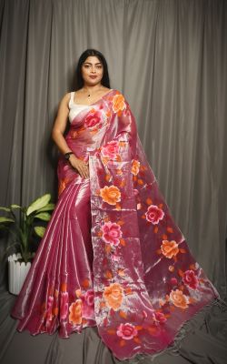 Burgundy Pure Handloom Tissue Cotton Saree From Bengal
