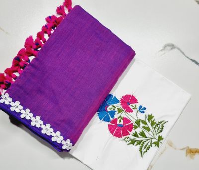 Purple White Pure Handloom Cotton Saree From Bengal