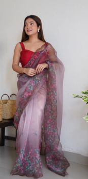 Light Brown Flower Printed Work Pure Organza Silk Saree