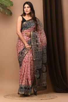 Brownish Pink Kota Doriya Printed Leaf Design Saree