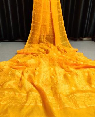 Yellow Pure Handloom Dhakai Jamdani Saree From Bengal
