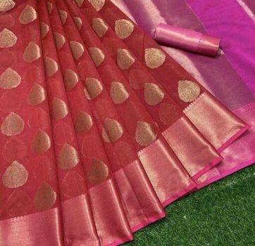 Red Maheshwari Silk Cotton Saree From Banarasi