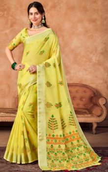 Yellow Pure Handloom Linen Banarasi Saree