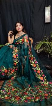 Sherwood Green Pure Resham Maslin Embroidery Kashmire Pashmina Dobol Mina Work Saree