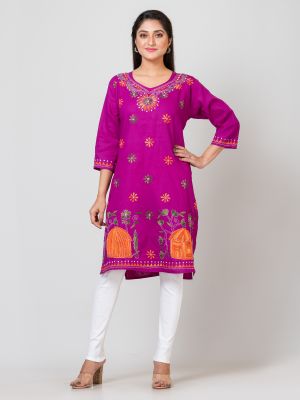 Purple Pure Handloom Kantha Stitch Kurti From Bengal