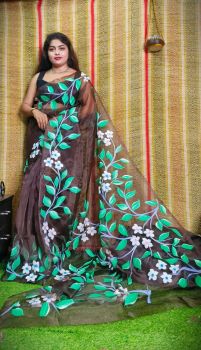 lack Hand Printed Pure Handloom Organza Saree