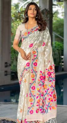 Off White Pure Handloom Cotton Jamdani Saree From Banaras