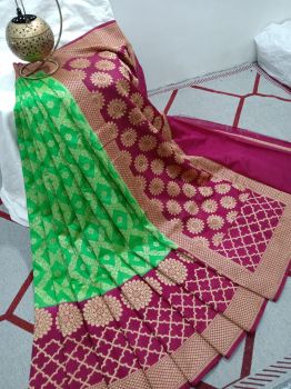 Light Green Silk Flower Design Banarasi Saree