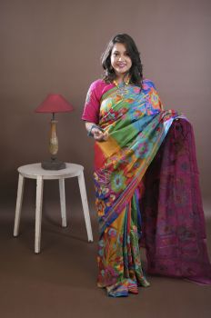 Multicolour Pure Handloom Tussar Silk Katha Stitch Saree From Bengal