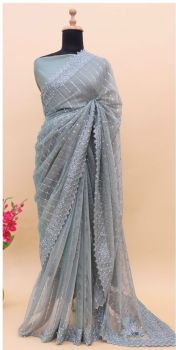 Grey Embroidery Diamond Work Satin Saree