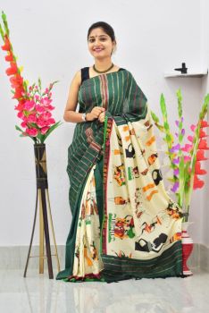 Bottle Green Pure Handloom Khesh Cotton Saree From Bengal
