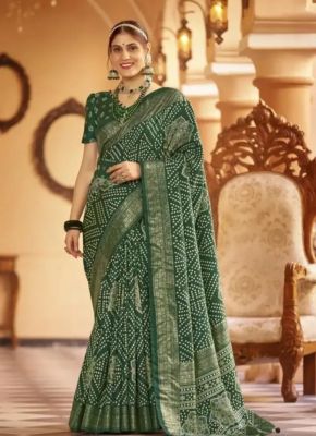 Dark Green Pure Handloom Bandhani Silk Saree From Banaras