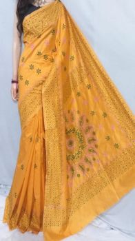 Mango Yellow Malai Silk Saree with Embroidery work