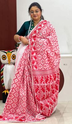 White Red Pure Handloom Cotton Saree From Bengal