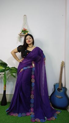 Purple Blue Pure Handloom Mul Cotton Saree From Bengal