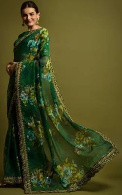 Bottle Green Pure Handloom Georgette Saree From Banaras