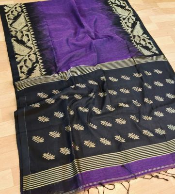 Purple Black Pure Handloom Linen By Linen Saree From Bengal