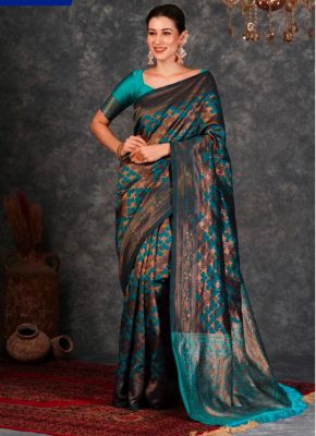 Sea Blue Pure Handloom Banarasi Silk Saree From Banaras