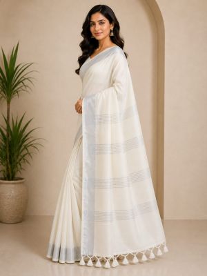 White Pure Handloom Linen By Linen Saree From Bengal