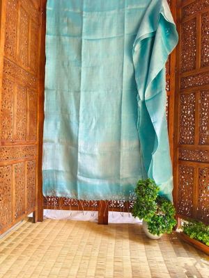 Light Blue Pure Handloom Linen Tissue Saree From Bengal