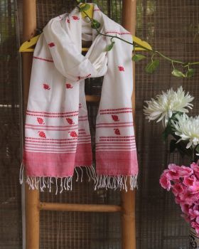 White Red Pure Handloom Butta Cotton Stole From Assam