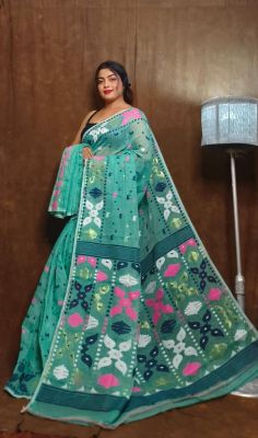 Sea Green Pure Handlloom Dhkai Jamdani Saree From Bengal