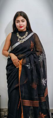 Black Pure Handloom Linen By Linen Saree From Bengal