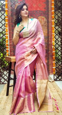 Rose Gold Pure Handloom Tissue Linen Saree From Bihar