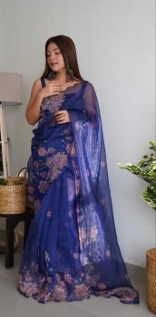 Navy Blue Flower Printed Work Pure Organza Silk Saree