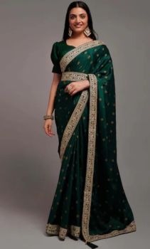 Deep Green Star Design Chiffon Saree From Banaras