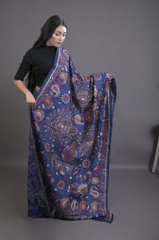 Blue Pure Handloom Katha Stitch Saree From Bengal