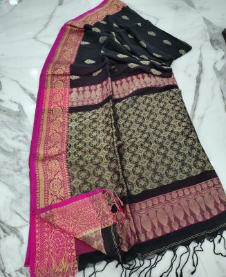 Black Pure Handloom Linen By Linen Saree From Bengal