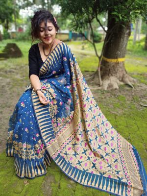 Blue Pure Handloom Dhakai Jamdani Saree From Bengal
